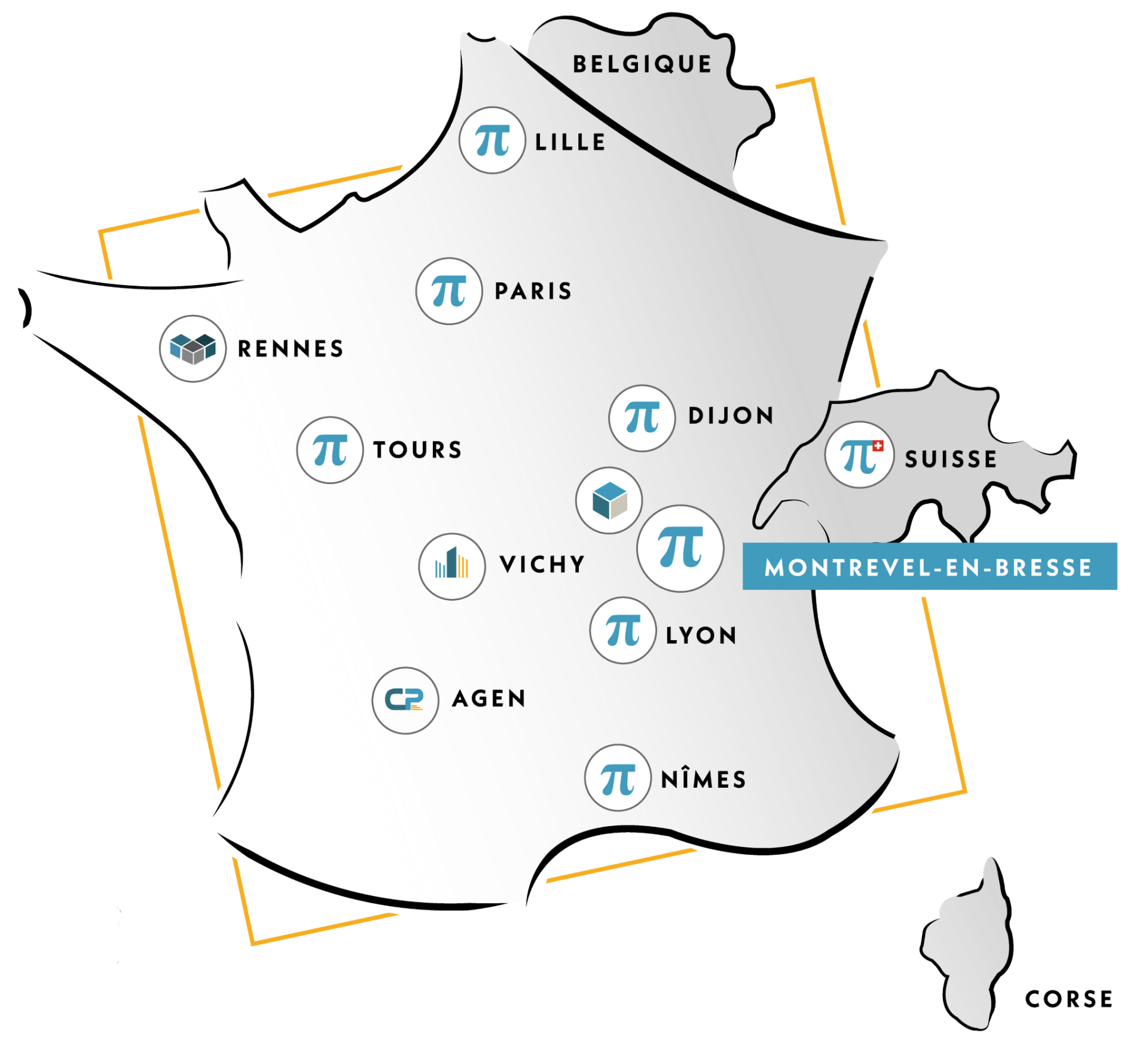 Une carte de la france avec toutes les entreprises du Groupe Pi
