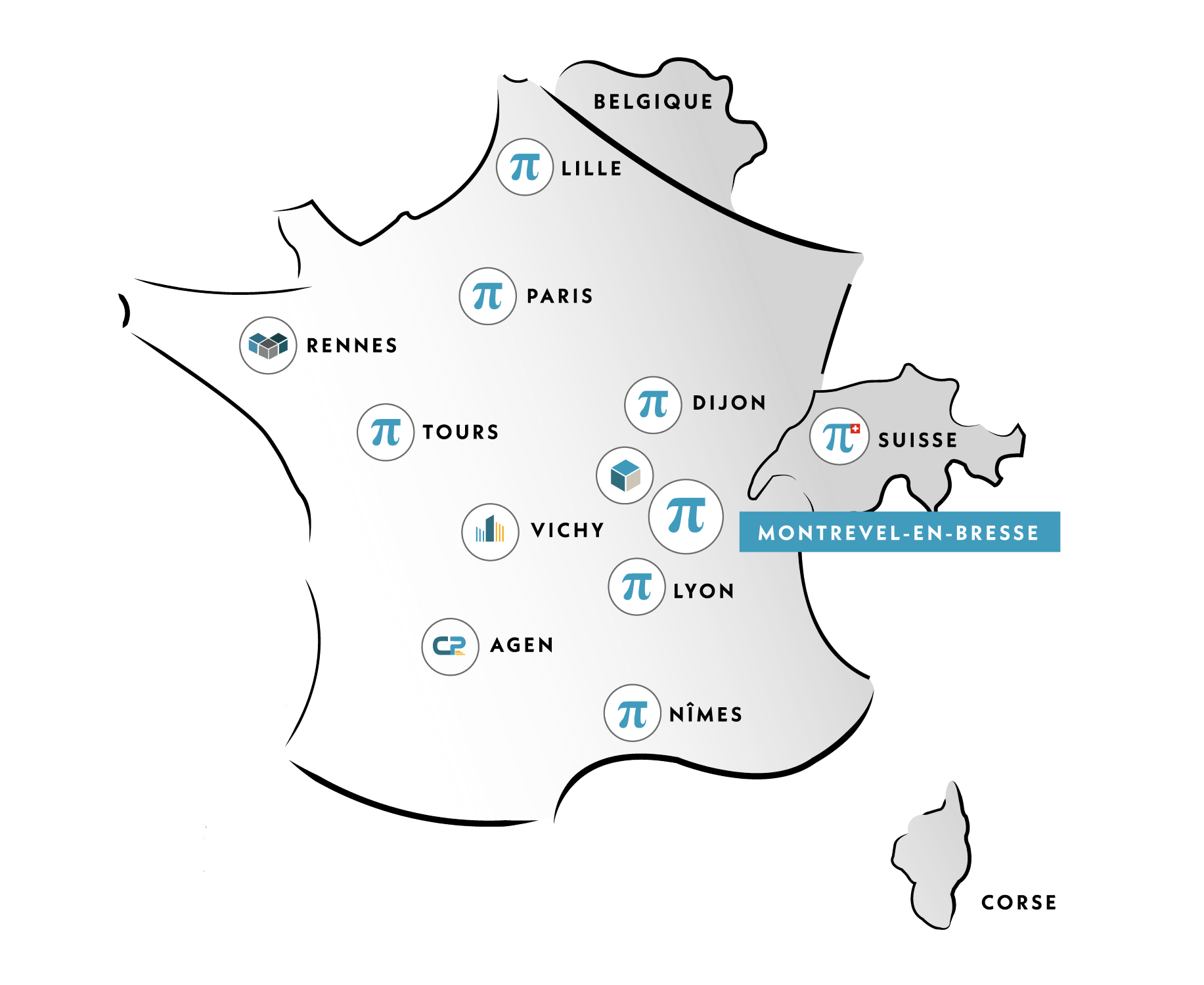 Carte répartition des agences du groupe Pi Install